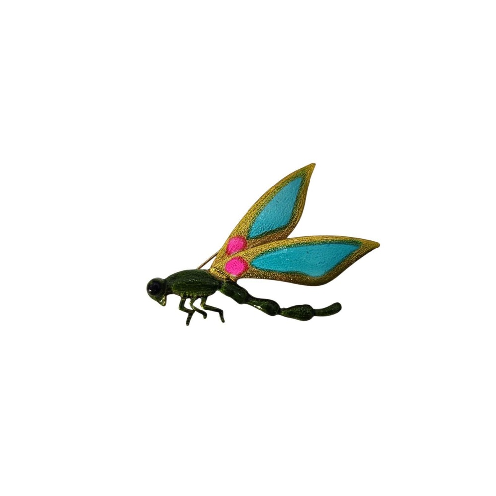 Vintage bright enamel gold tone DRAGONFLY‎ insect brooch pin